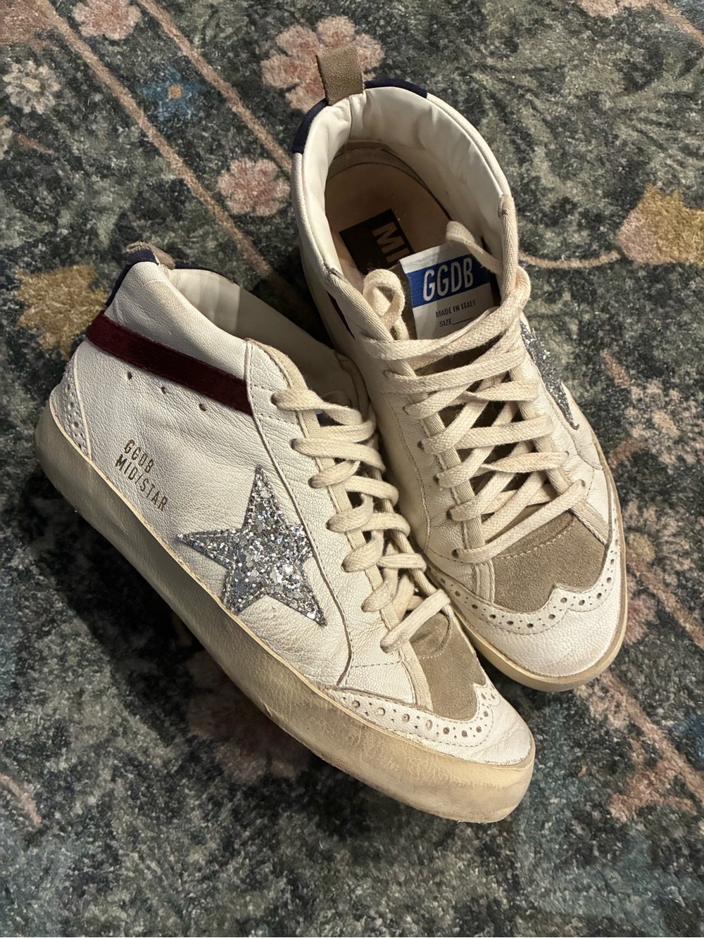 Golden goose Mid-Star Leather Sneakers in Cream with Silver Sparkle Star